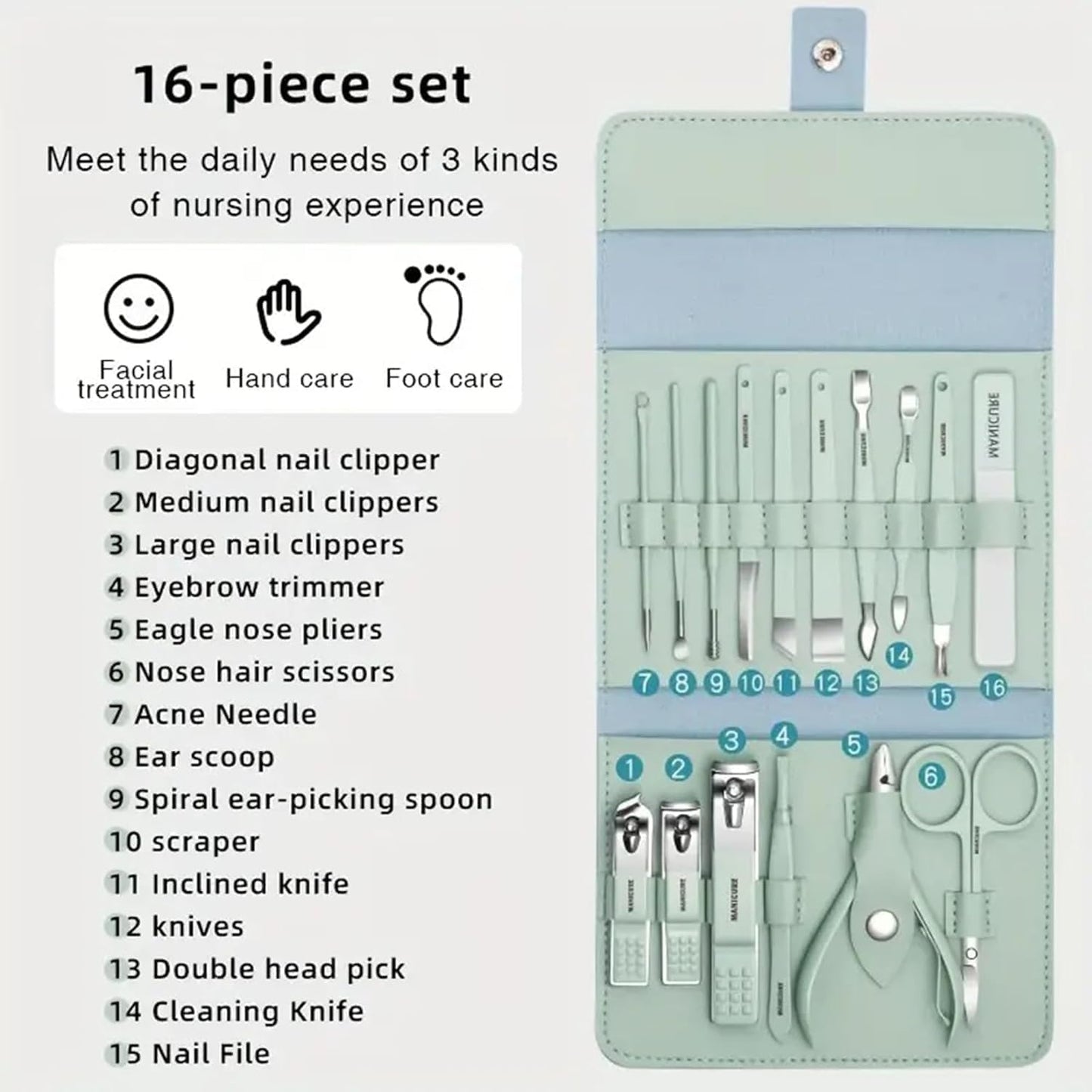 16-in-1 Professional Manicure Pedicure Kit – Blue Stainless Steel Grooming Set with Travel Case