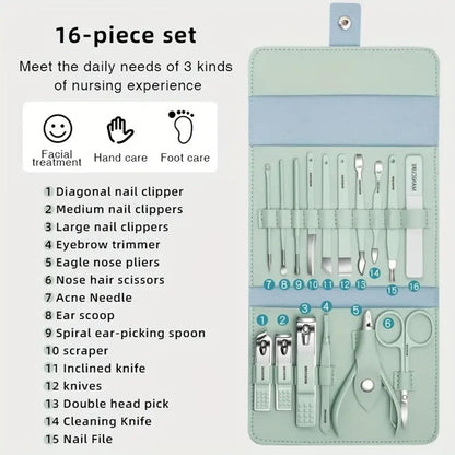 16-in-1 Professional Manicure Pedicure Kit – Blue Stainless Steel Grooming Set with Travel Case