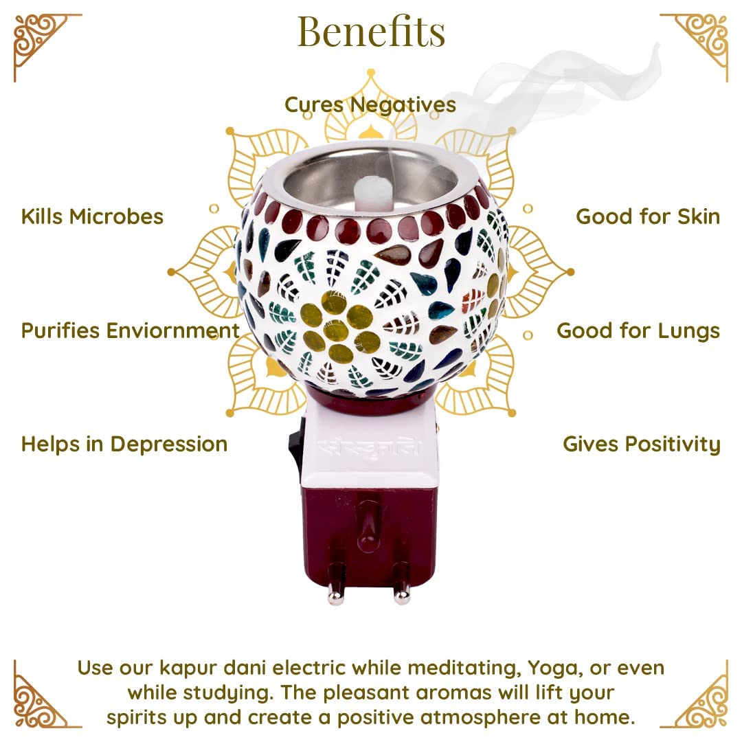 Estoy Wooden Kapoor Kapur Dani Camphor Karpuram Aroma Oil Diffuser Incense Burner Electrical Stand Machine Holder for Home,Office (Camphor NOT Included) (Glass)