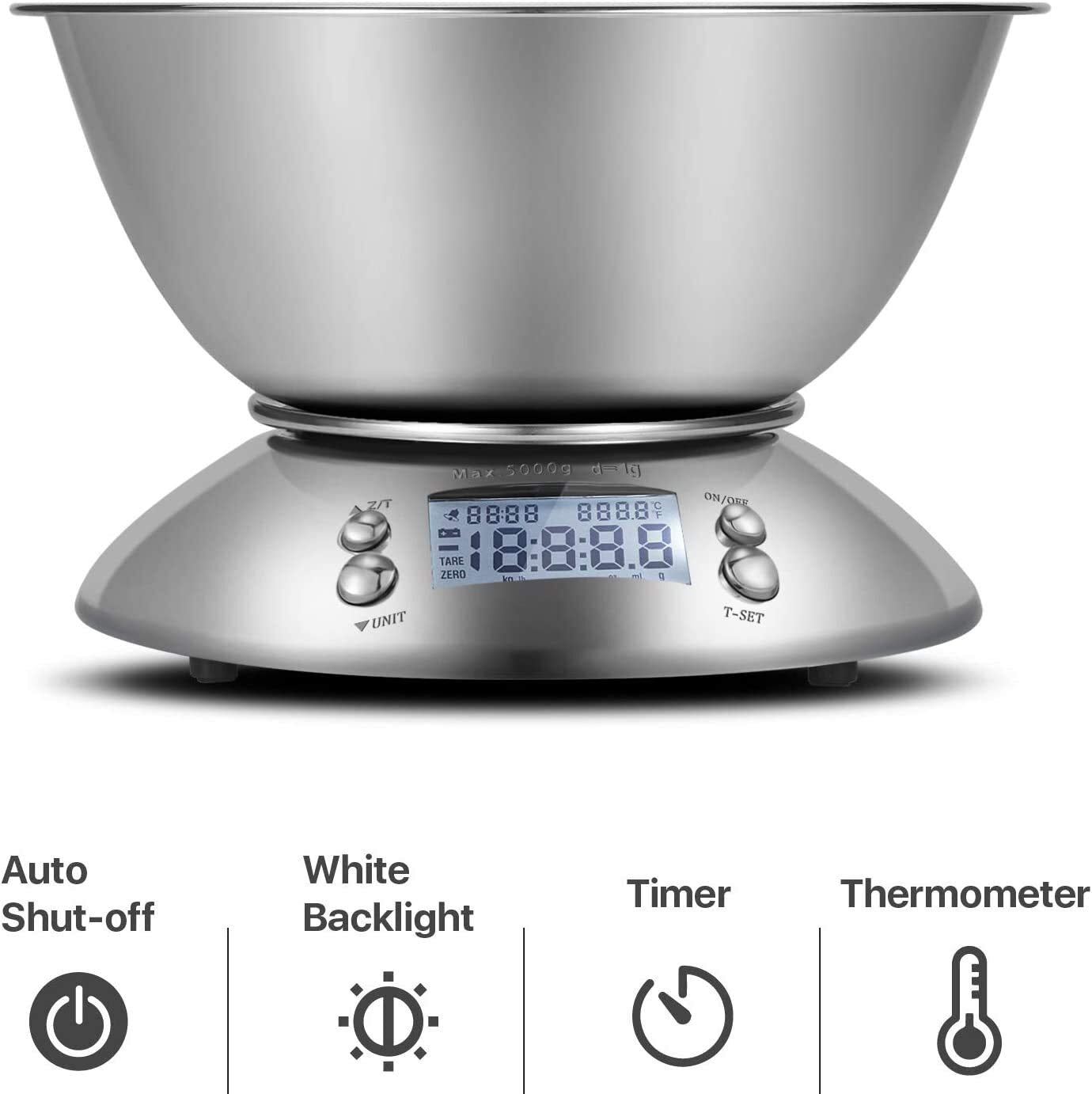 Digital Kitchen Scale with Stainless Steel Bowl – 5kg/1g Precision