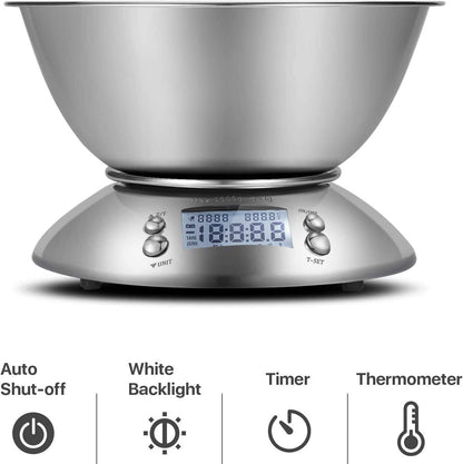 Digital Kitchen Scale with Stainless Steel Bowl – 5kg/1g Precision