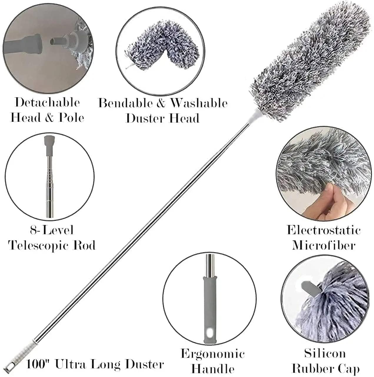 Long Handle Microfiber Feather Ceiling Duster for Dust Cleaning with extendable Pole 30-100 Inch with Anti Scratch Bendable Head Brush for Cleaning High Cobweb Stick high Ceiling Fan
