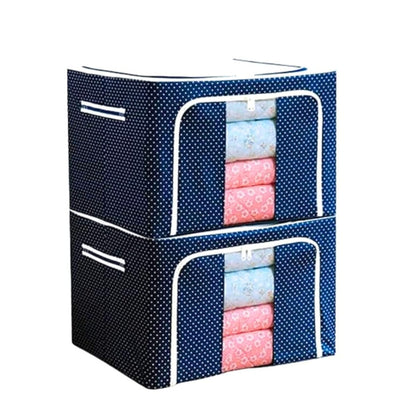 66 Liter Pack Of 2 |Clothes Storage Box | Foldable Steel Frame Fabric Storage Bag | Saree, Shirts and Blankets (Oxford Fabric, Blue)