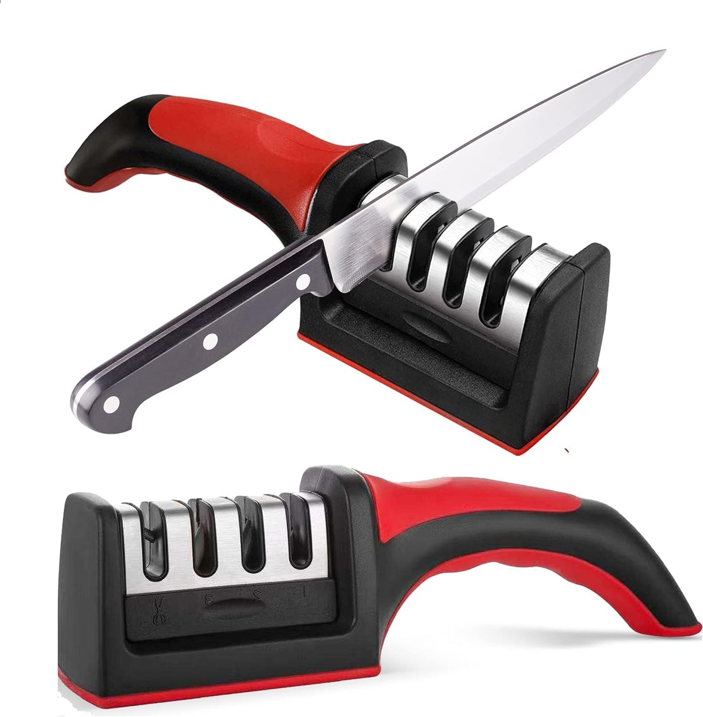 Estoy Knife Sharpeners for Kitchen Knives– Stainless Steel 4 in1 Kitchen Knife Sharpener – Easy to Use Knife Sharpening Kit with 4 Stage Sharpening Slots Black