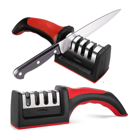 Estoy Knife Sharpeners for Kitchen Knives– Stainless Steel 4 in1 Kitchen Knife Sharpener – Easy to Use Knife Sharpening Kit with 4 Stage Sharpening Slots Black