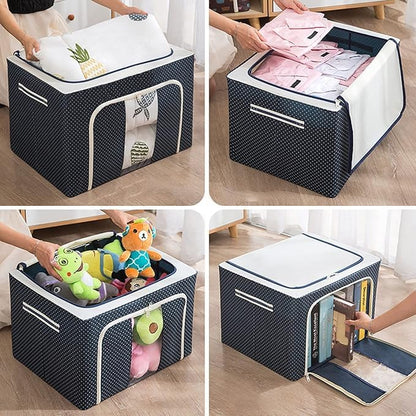 66 Liter Pack Of 2 |Clothes Storage Box | Foldable Steel Frame Fabric Storage Bag | Saree, Shirts and Blankets (Oxford Fabric, Blue)