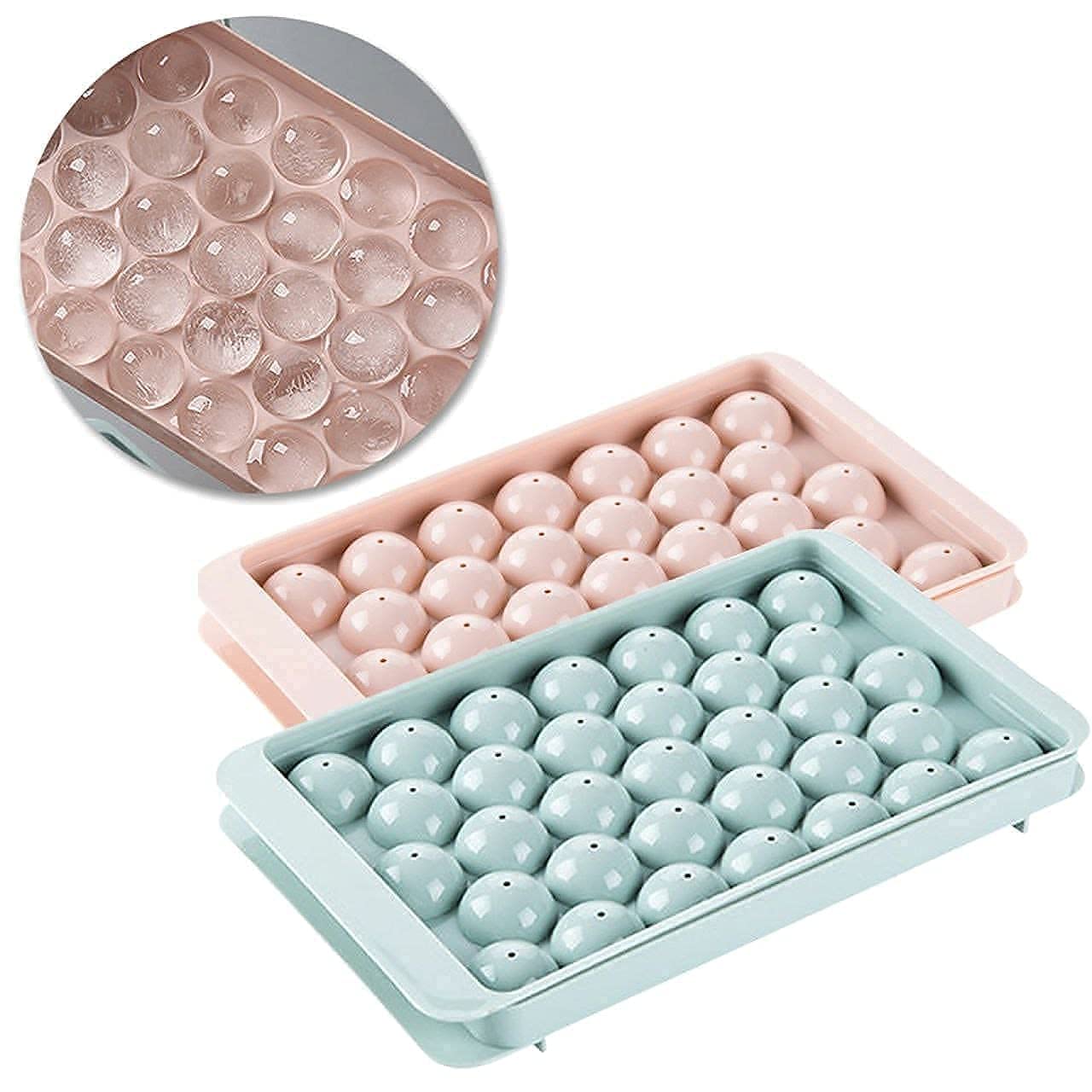 Plastic Mini Round Ice Cube Tray with Lid Ball Maker for Fresh Juice, Mocktails, Whiskey, Cocktails, Tea & Coffee 33 Cavity, Easy Release Stackable in Freezer Pack of 2, Blue,Pink