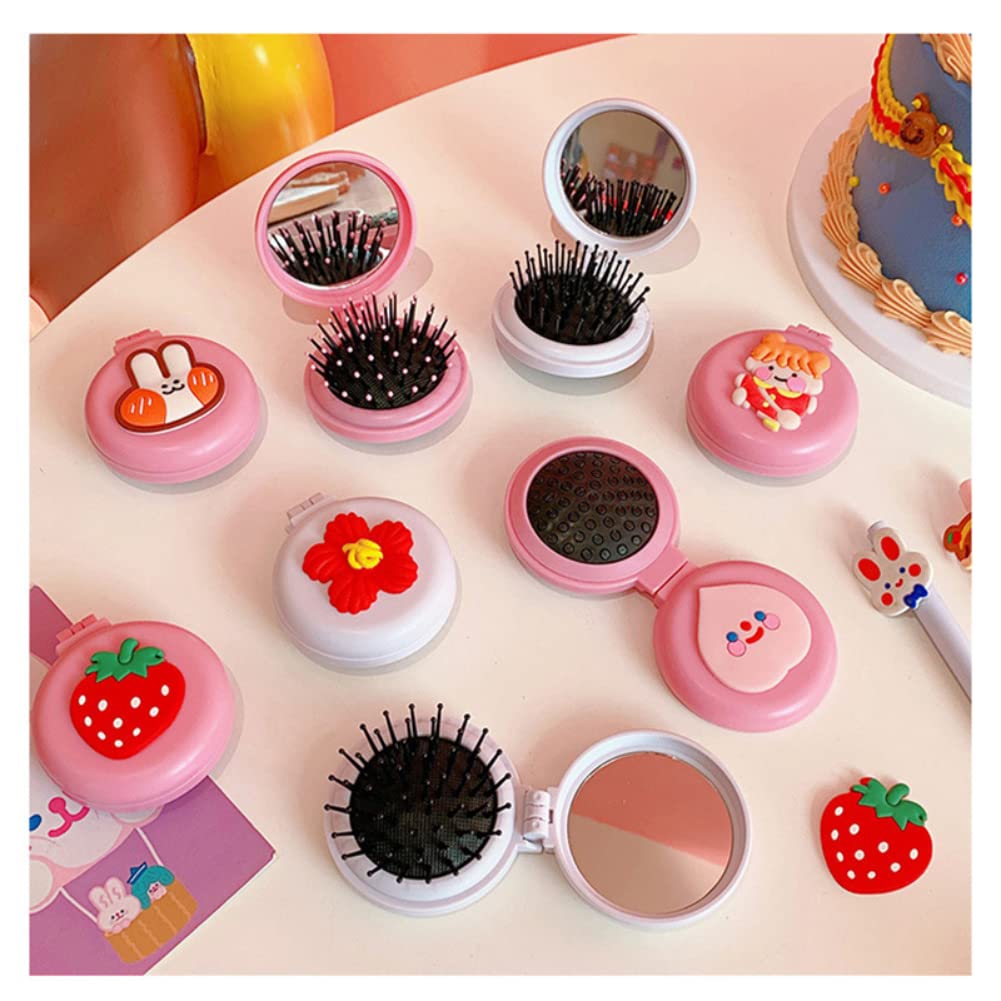 2pcs Travel Hair Brush Pocket Comb with Mini Mirror Portable Compact Folding Hair Brushes Round Mini Compact Massage Comb for Girls and Women Pink Rabbits