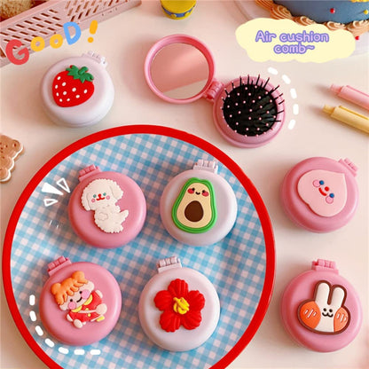 2pcs Travel Hair Brush Pocket Comb with Mini Mirror Portable Compact Folding Hair Brushes Round Mini Compact Massage Comb for Girls and Women Pink Rabbits