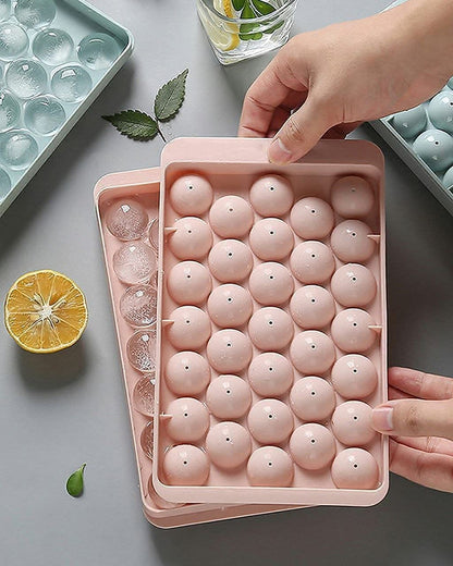 Plastic Mini Round Ice Cube Tray with Lid Ball Maker for Fresh Juice, Mocktails, Whiskey, Cocktails, Tea & Coffee 33 Cavity, Easy Release Stackable in Freezer Pack of 2, Blue,Pink