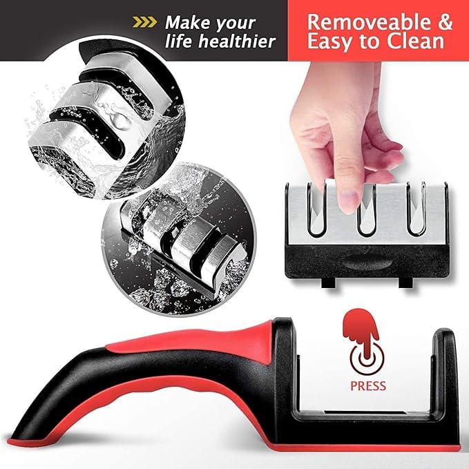 Estoy Knife Sharpeners for Kitchen Knives– Stainless Steel 4 in1 Kitchen Knife Sharpener – Easy to Use Knife Sharpening Kit with 4 Stage Sharpening Slots Black