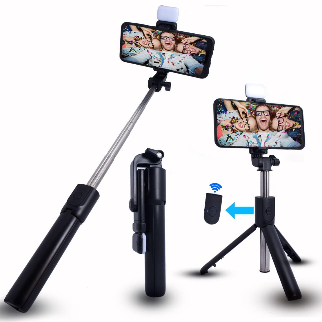 Bluetooth Selfie Sticks with Remote and Selfie Light, 3-in-1 Multifunctional Selfie Stick Tripod Stand for Travelling, YouTube Vlogging Video, Compatible with All Smartphones (70 cm)