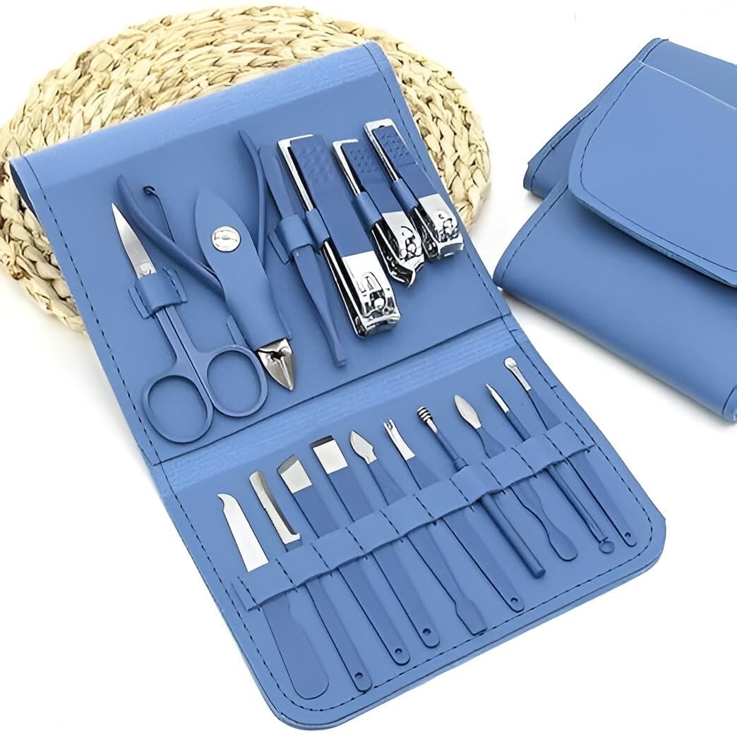 16-in-1 Professional Manicure Pedicure Kit – Blue Stainless Steel Grooming Set with Travel Case