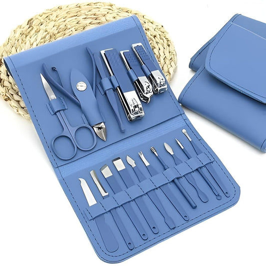 16-in-1 Professional Manicure Pedicure Kit – Blue Stainless Steel Grooming Set with Travel Case
