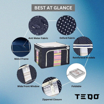 66 Liter Pack Of 2 |Clothes Storage Box | Foldable Steel Frame Fabric Storage Bag | Saree, Shirts and Blankets (Oxford Fabric, Blue)
