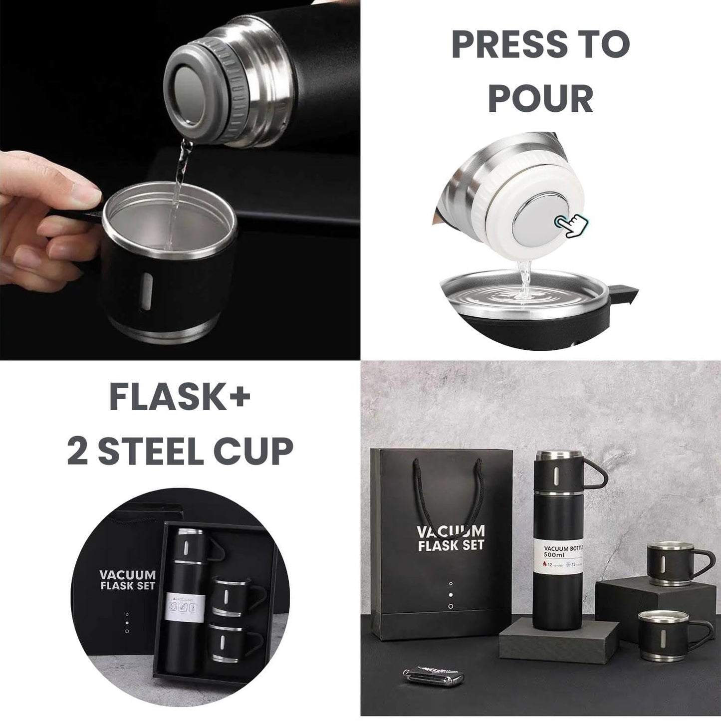 Premium Stainless Steel Vacuum Flask Gift Set (1 Flask + 2 Cups) – Elegant Hot & Cold Thermal Bottle Set with Gift Box