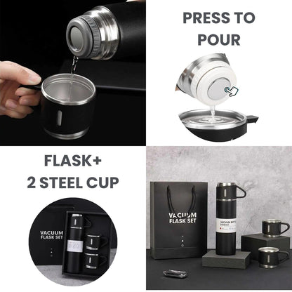 Premium Stainless Steel Vacuum Flask Gift Set (1 Flask + 2 Cups) – Elegant Hot & Cold Thermal Bottle Set with Gift Box