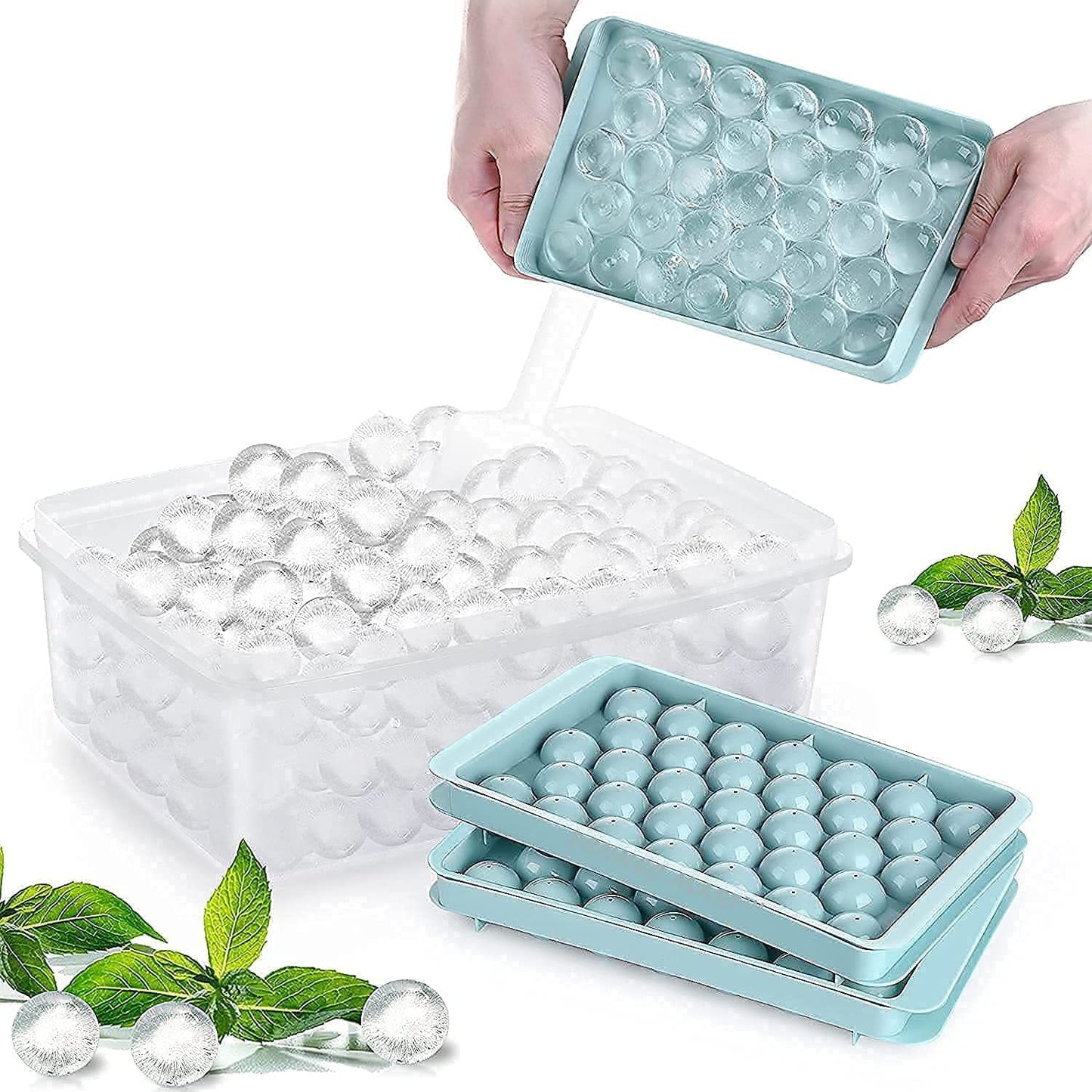 Plastic Mini Round Ice Cube Tray with Lid Ball Maker for Fresh Juice, Mocktails, Whiskey, Cocktails, Tea & Coffee 33 Cavity, Easy Release Stackable in Freezer Pack of 2, Blue,Pink