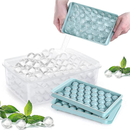 Plastic Mini Round Ice Cube Tray with Lid Ball Maker for Fresh Juice, Mocktails, Whiskey, Cocktails, Tea & Coffee 33 Cavity, Easy Release Stackable in Freezer Pack of 2, Blue,Pink