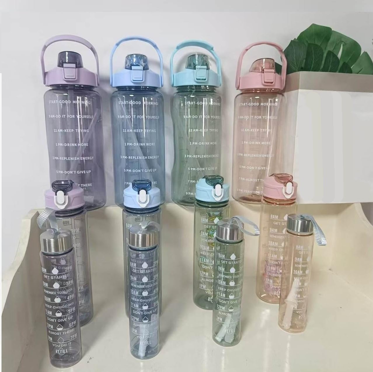 Motivational Time Marker Water Bottle with Straw & Handle | Bpa-Free Fitness 3 PCS Transparent Motivational Water Bottles  |