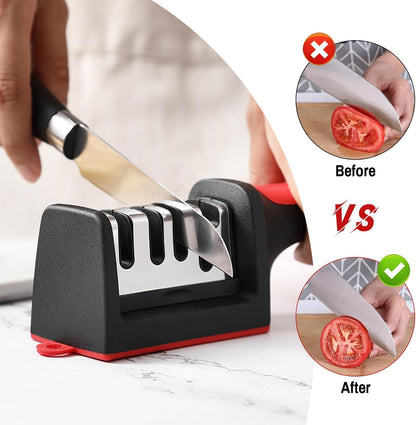 Estoy Knife Sharpeners for Kitchen Knives– Stainless Steel 4 in1 Kitchen Knife Sharpener – Easy to Use Knife Sharpening Kit with 4 Stage Sharpening Slots Black