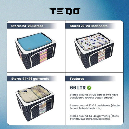 66 Liter Pack Of 2 |Clothes Storage Box | Foldable Steel Frame Fabric Storage Bag | Saree, Shirts and Blankets (Oxford Fabric, Blue)