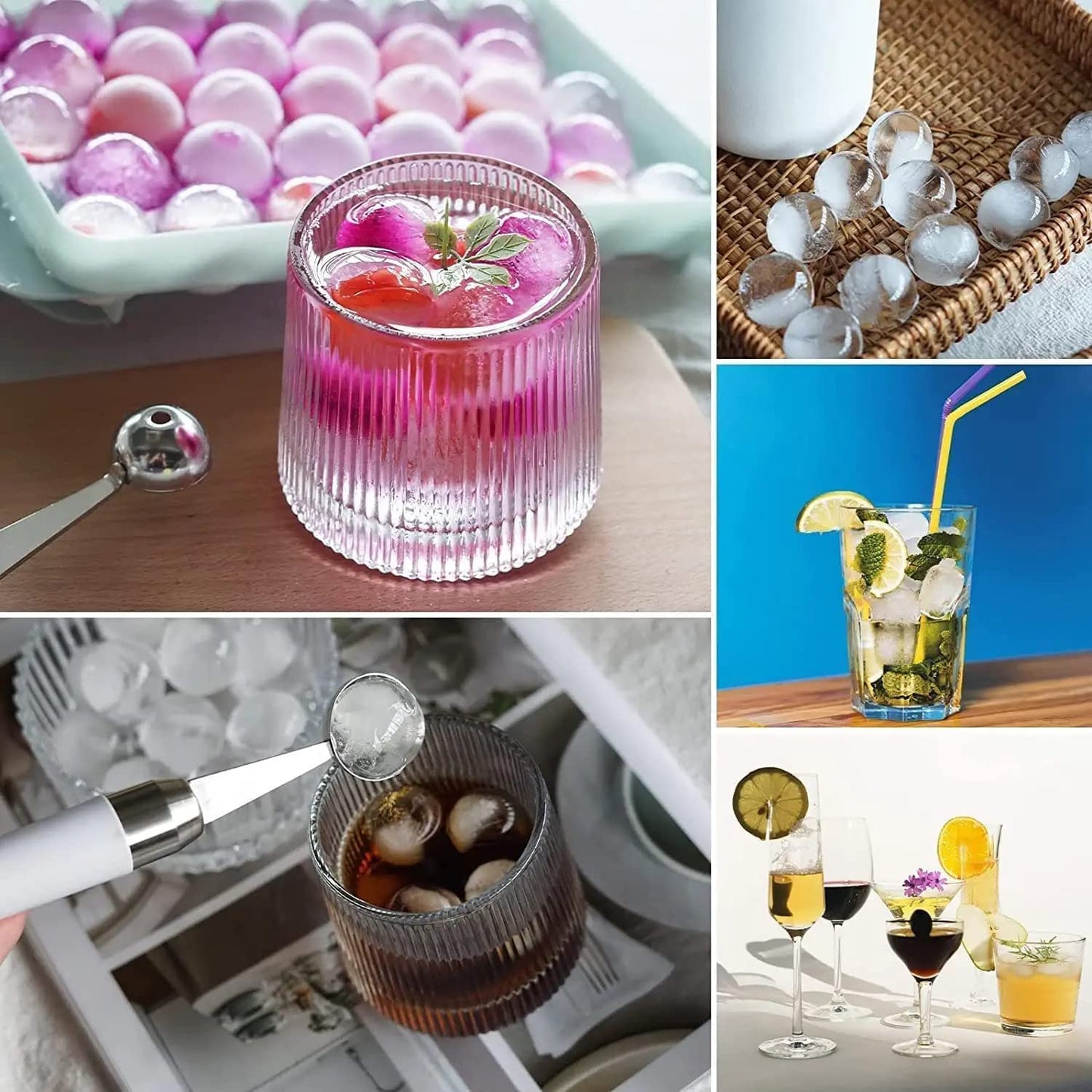 Plastic Mini Round Ice Cube Tray with Lid Ball Maker for Fresh Juice, Mocktails, Whiskey, Cocktails, Tea & Coffee 33 Cavity, Easy Release Stackable in Freezer Pack of 2, Blue,Pink