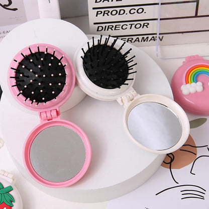 2pcs Travel Hair Brush Pocket Comb with Mini Mirror Portable Compact Folding Hair Brushes Round Mini Compact Massage Comb for Girls and Women Pink Rabbits