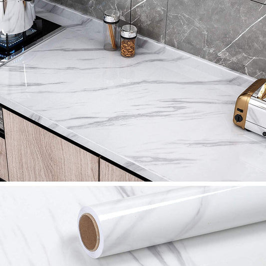 Estoy Marble Glossy PVC Self Adhesive Space Wallpaper Kitchen Countertop Waterproof Cabinet Liner Furniture - (White, 200 * 60 Cm - 12 Sqft Approx)
