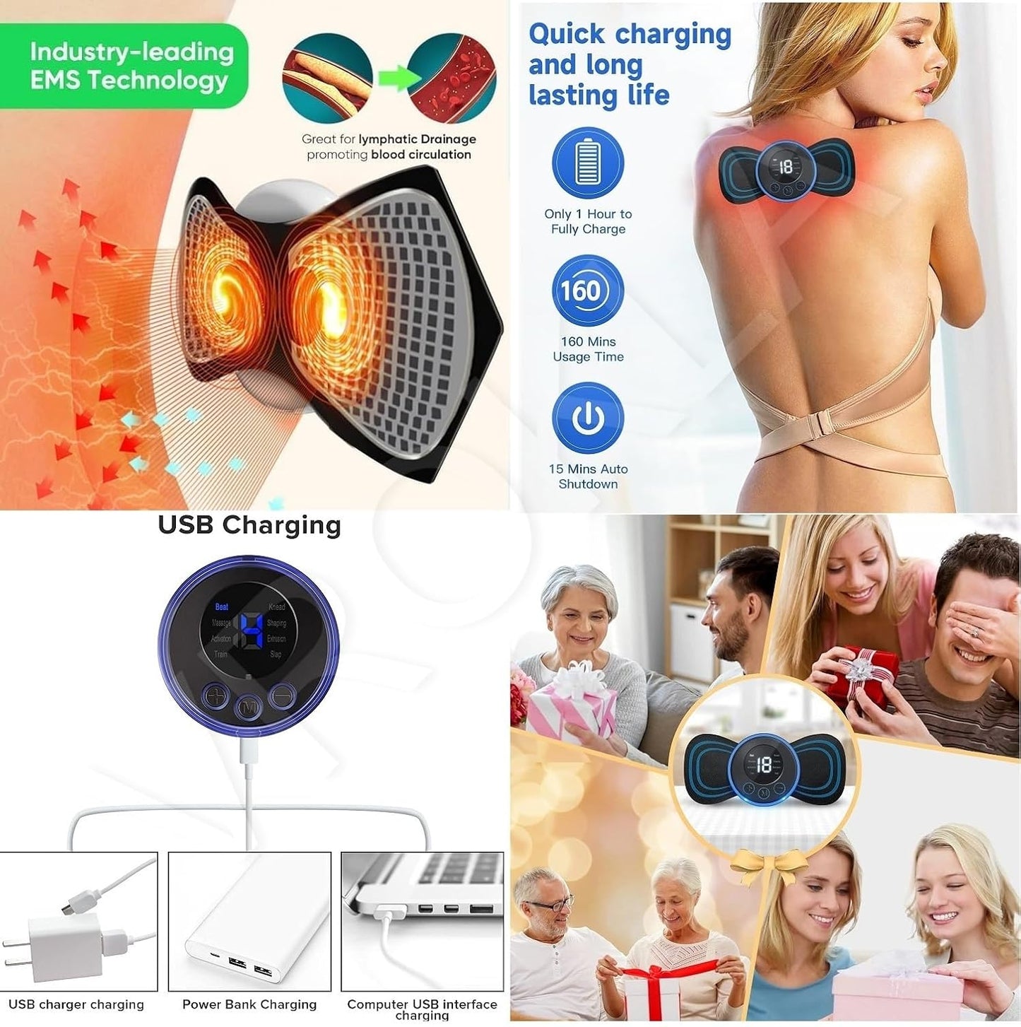 Estoy Body Massager Machine for Pain Relief Wireless Massager 8 Mode & 19 Strength Level EMS Massager Mini Massager Butterfly Massager for Shoulder Legs Massage Neck Massager Mini Back Massager