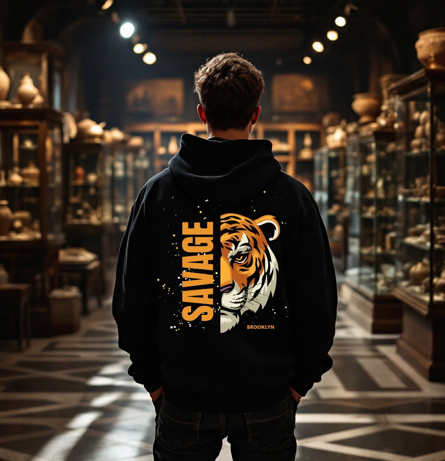 Savage Tiger Hoodie - Bold Brooklyn Streetwear, Half Face Tiger Graphic Sweatshirt, Urban Jungle Style