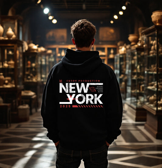 New York Dreams 2025 Hoodie - Urban Streetwear Graphic Sweatshirt, Black Pullover, City Style