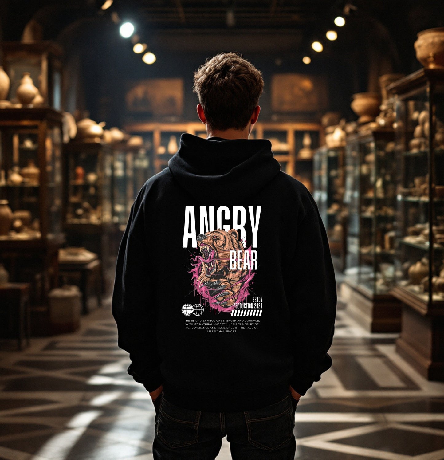 Angry Bear Hoodie - Fierce Bear Graphic Sweatshirt, Streetwear Pullover, Black Urban Style