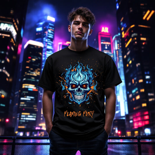 Flaming Fury Skull T-Shirt – Fiery Blue Inferno Design