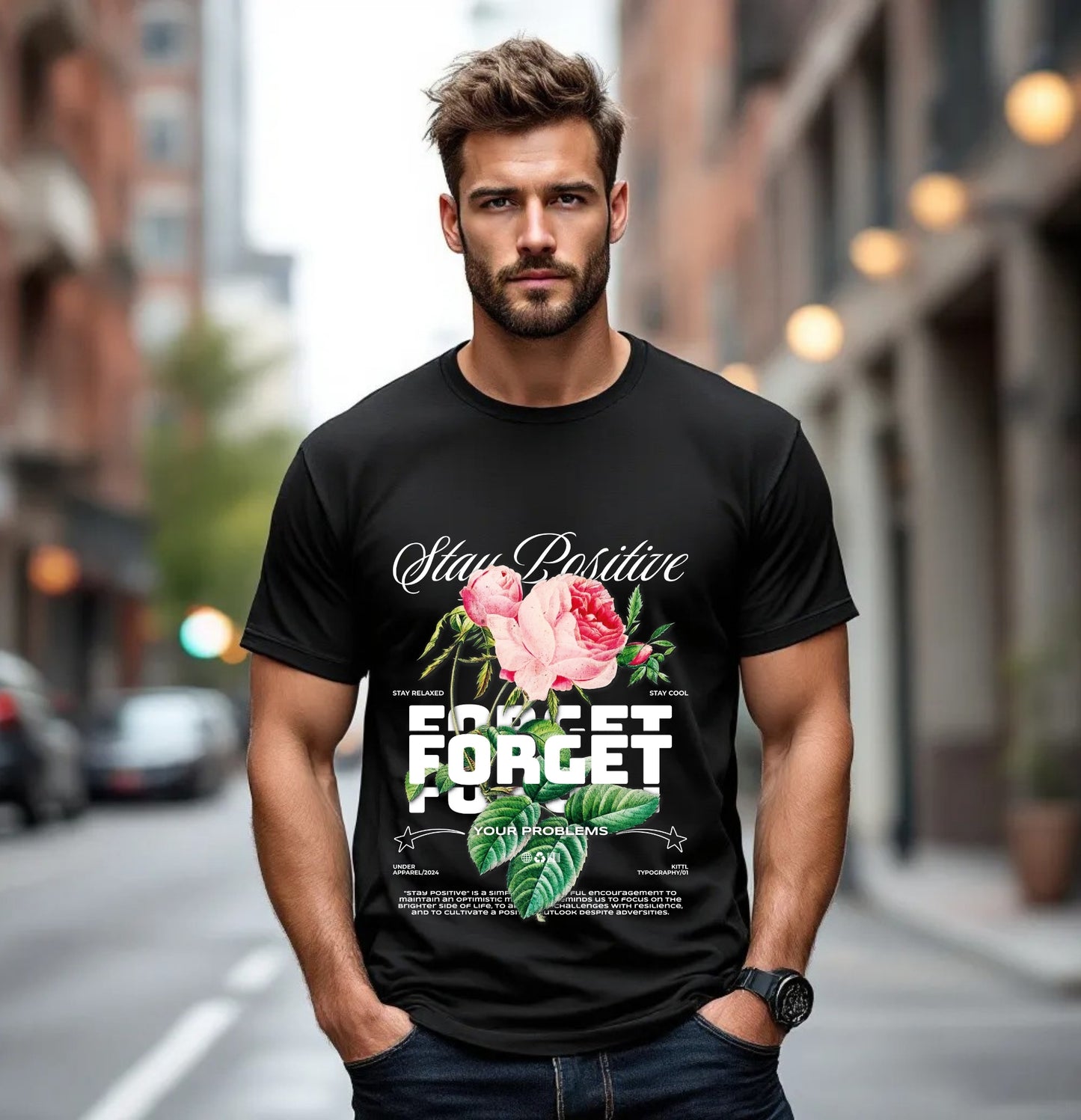 Stay Positive Forget Your Problems T-Shirt – Floral Motivation Series