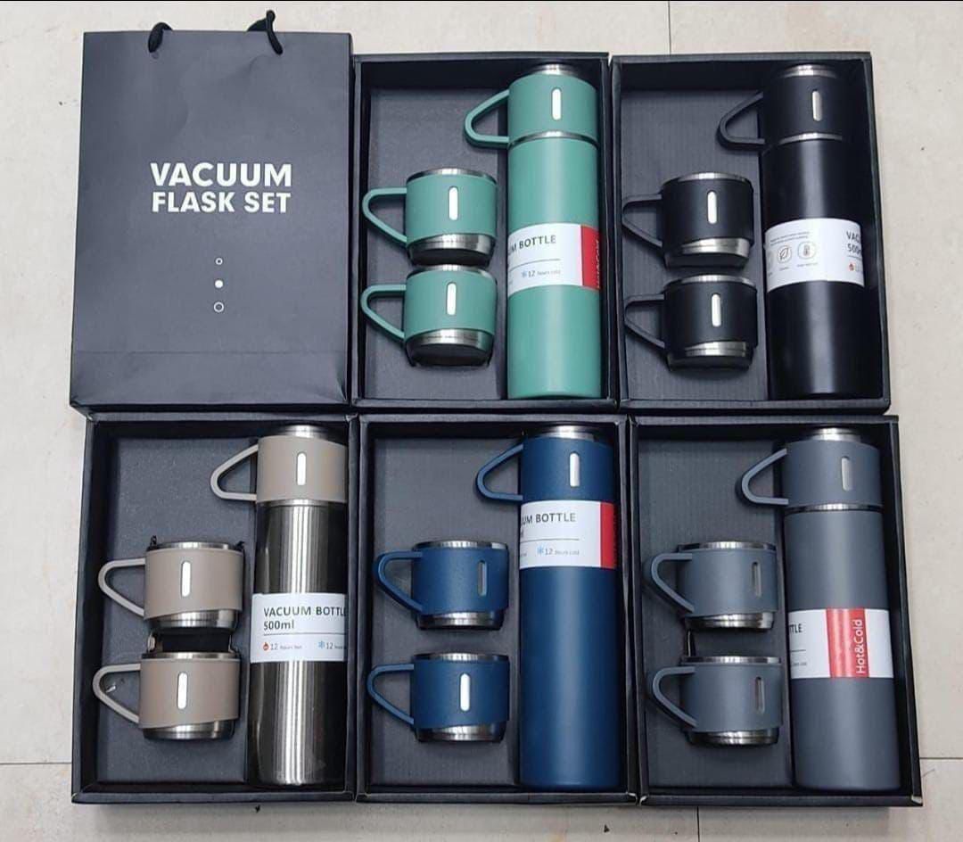 Premium Stainless Steel Vacuum Flask Gift Set (1 Flask + 2 Cups) – Elegant Hot & Cold Thermal Bottle Set with Gift Box