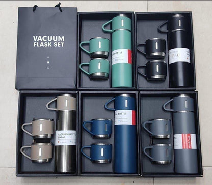 Premium Stainless Steel Vacuum Flask Gift Set (1 Flask + 2 Cups) – Elegant Hot & Cold Thermal Bottle Set with Gift Box